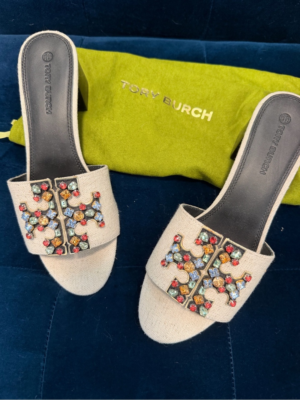 Tory Burch Neutral Canvas Crystal-Embellished Slide Mules